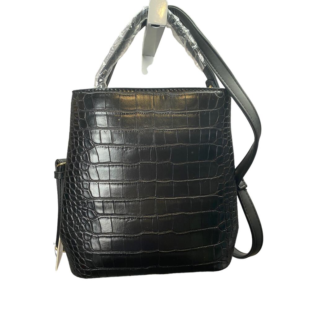 AOTA Elena Bucket Bag Black Vegan Leather Crocodile Embossed Crossbody Strap - Picture 2 of 6